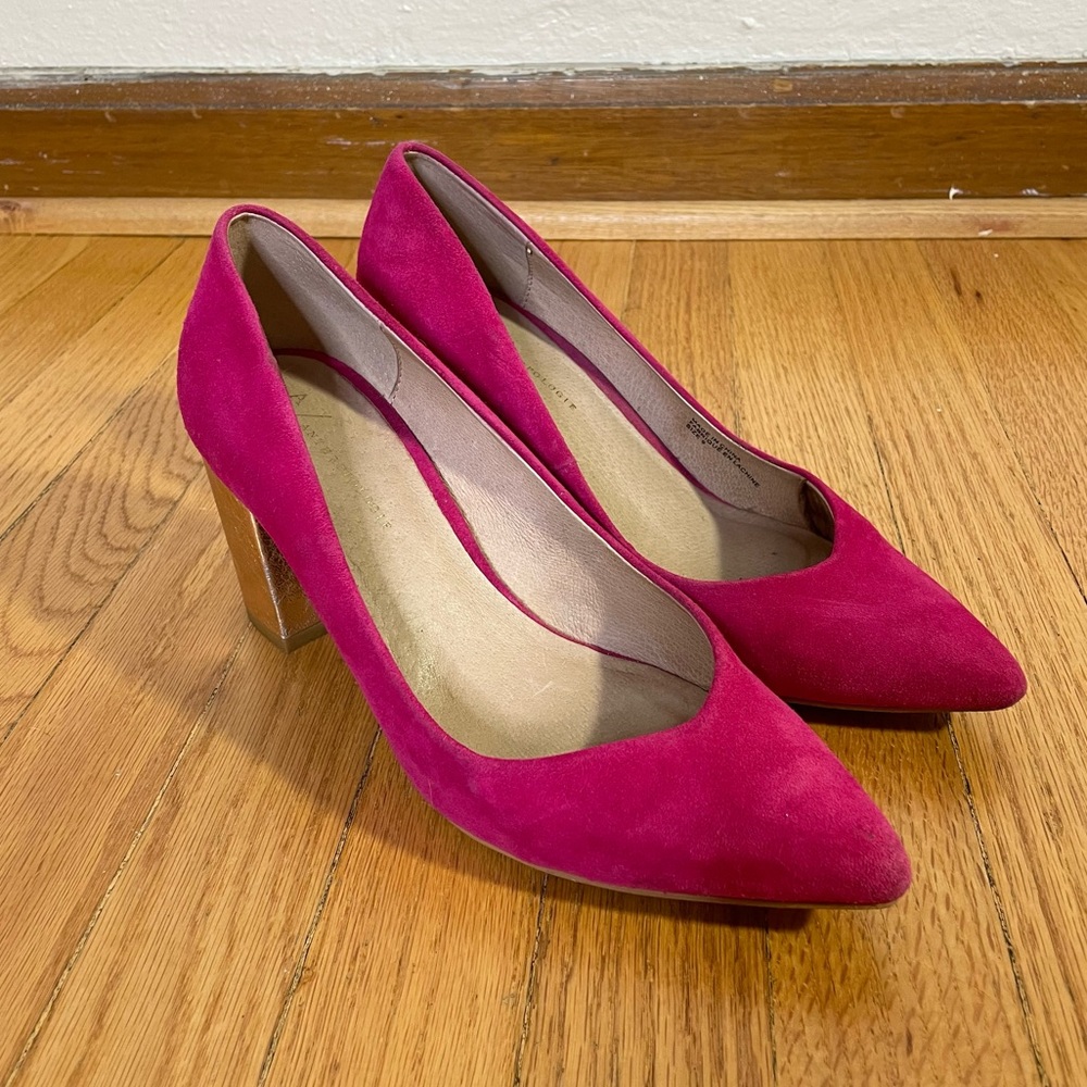 Anthropologie Pink Suede Gold Block Heel Pump
